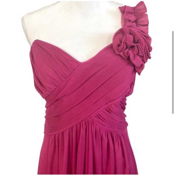 Vintage 90s Pink Chiffon One Shoulder Dress Prom Rosette Ruched Knee Length 3X - Picture 3 of 11
